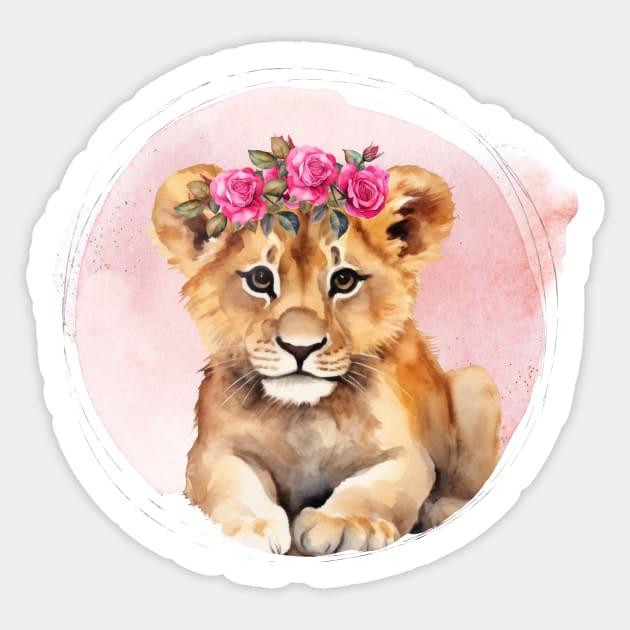 cute little lion cub with floral crown Sticker by Alienated